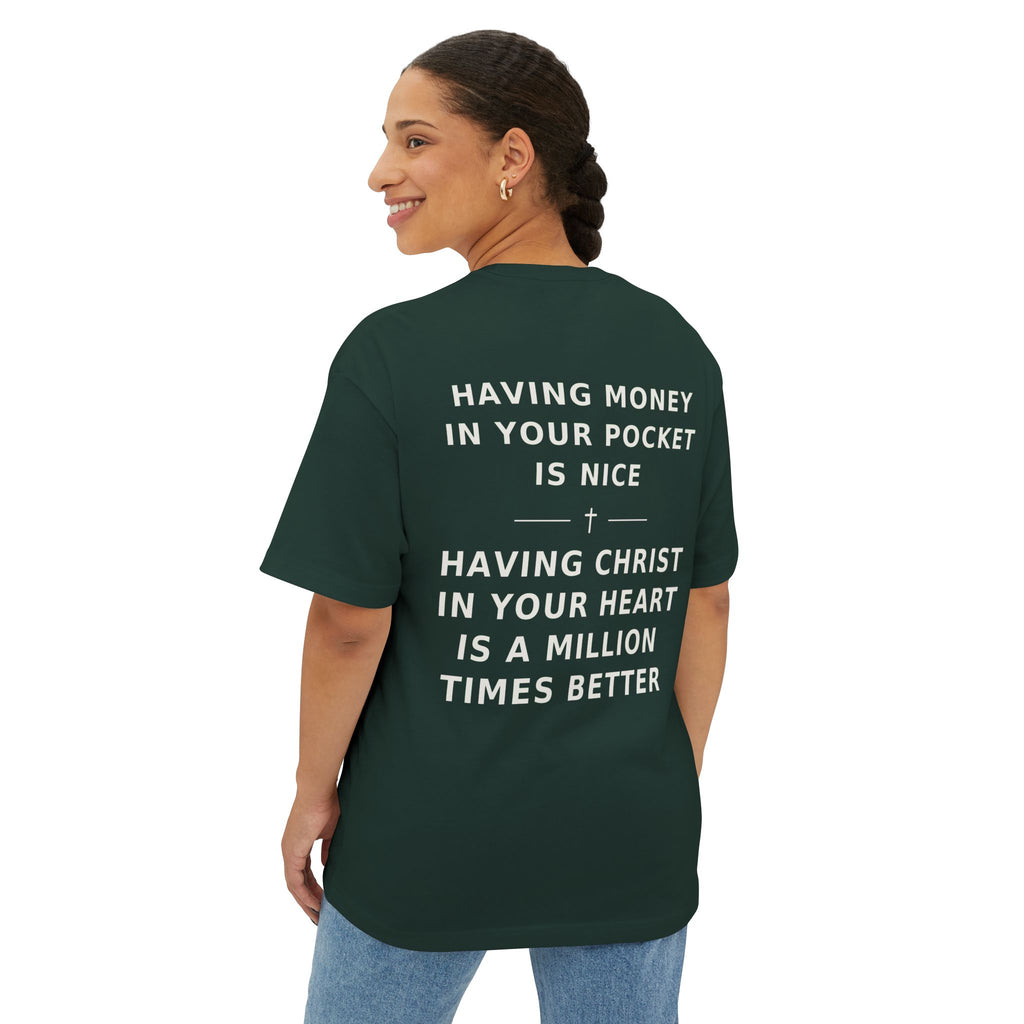 Christian Graphic Tee — “Rich In Spirit / Having Christ in Your Heart” Oversized Boxy T‑Shirt