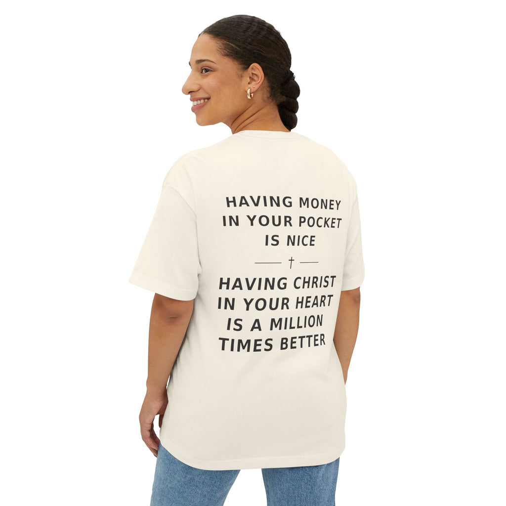 Christian Graphic Tee — “Rich In Spirit / Having Christ in Your Heart” Oversized Boxy T‑Shirt
