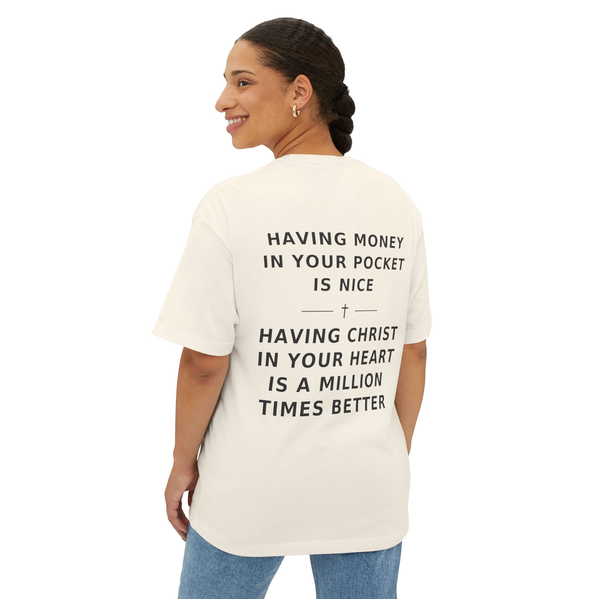 Christian Graphic Tee — “Rich In Spirit / Having Christ in Your Heart” Oversized Boxy T‑Shirt