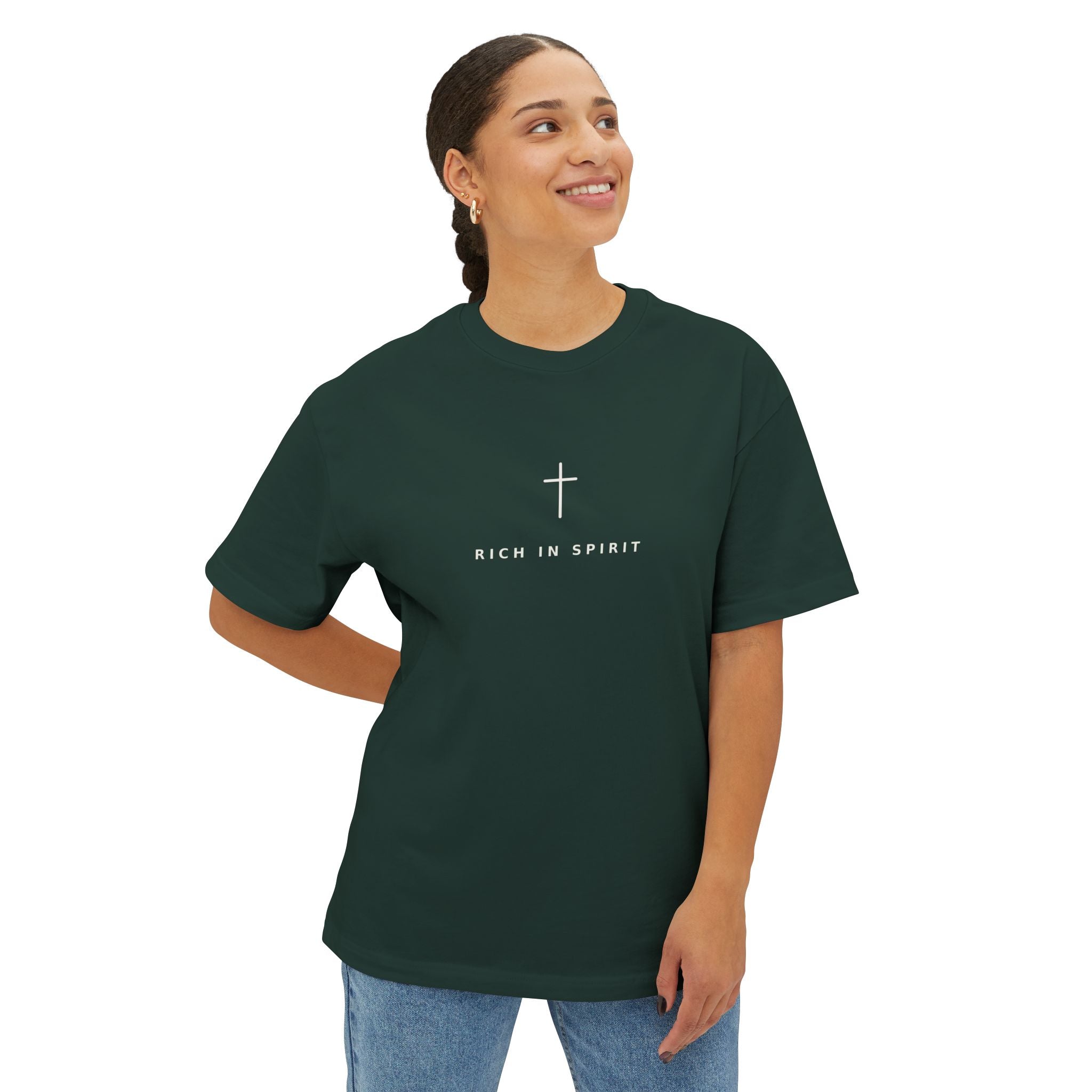 Christian Graphic Tee — “Rich In Spirit / Having Christ in Your Heart” Oversized Boxy T‑Shirt
