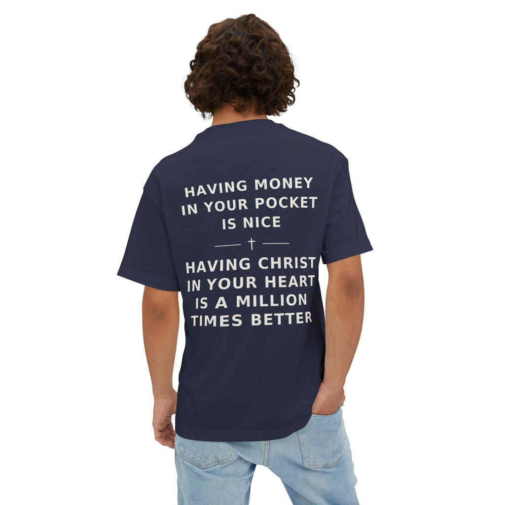 Christian Graphic Tee — “Rich In Spirit / Having Christ in Your Heart” Oversized Boxy T‑Shirt