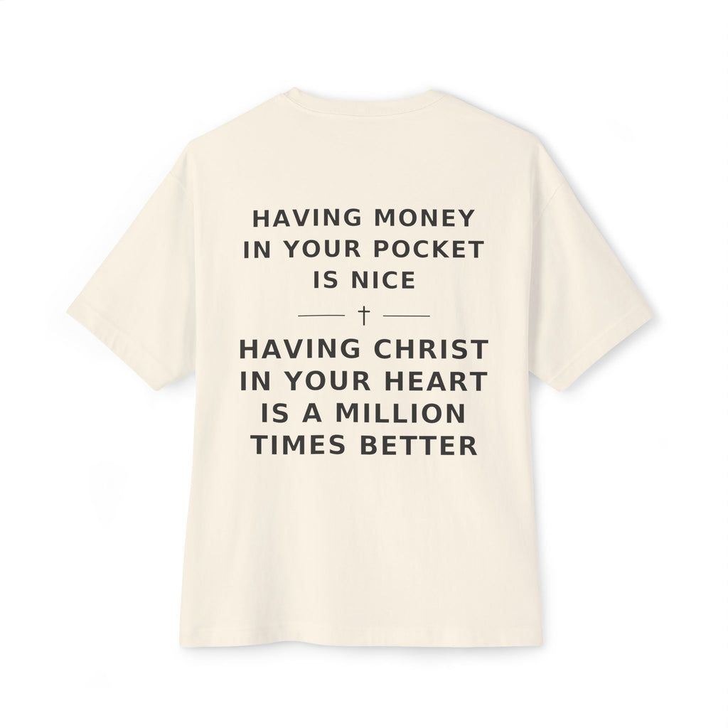 Christian Graphic Tee — “Rich In Spirit / Having Christ in Your Heart” Oversized Boxy T‑Shirt