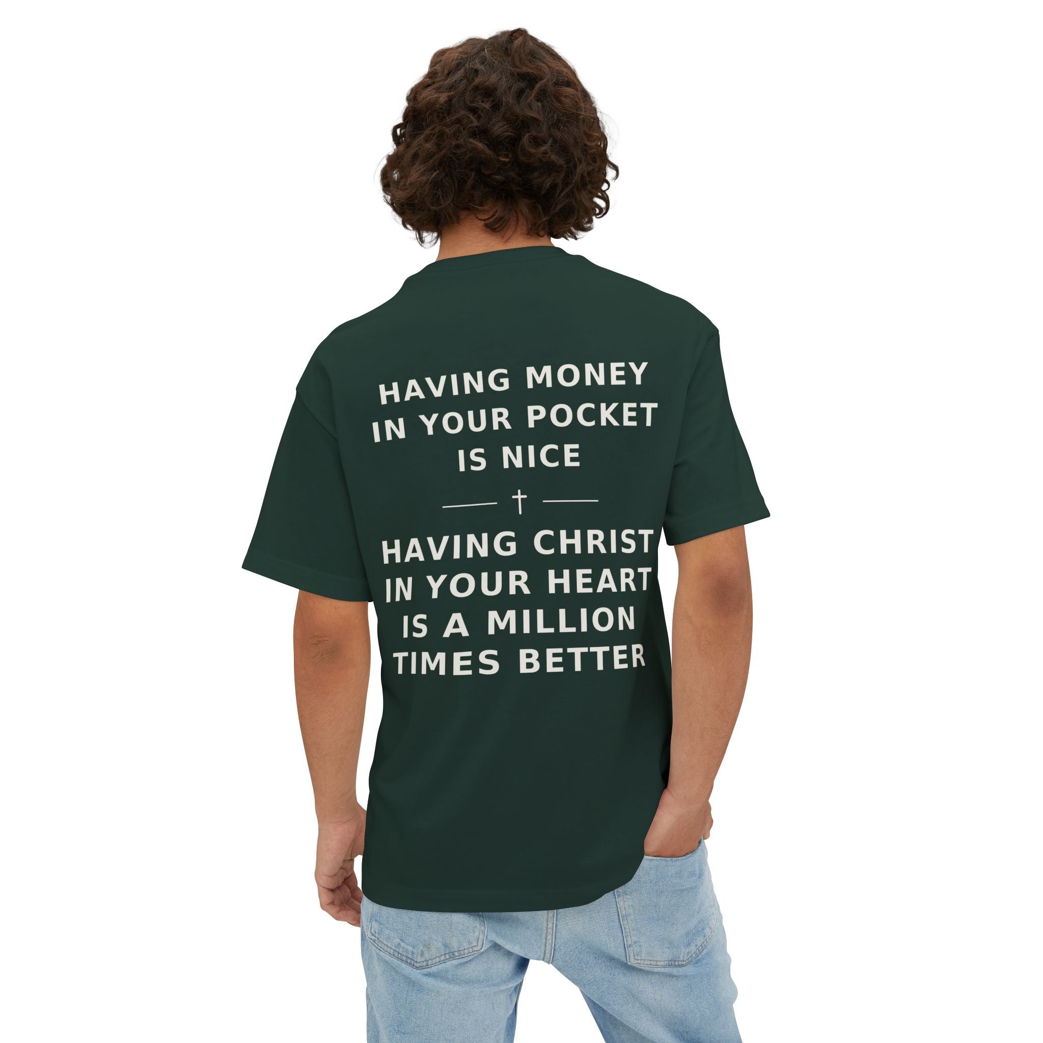 Christian Graphic Tee — “Rich In Spirit / Having Christ in Your Heart” Oversized Boxy T‑Shirt
