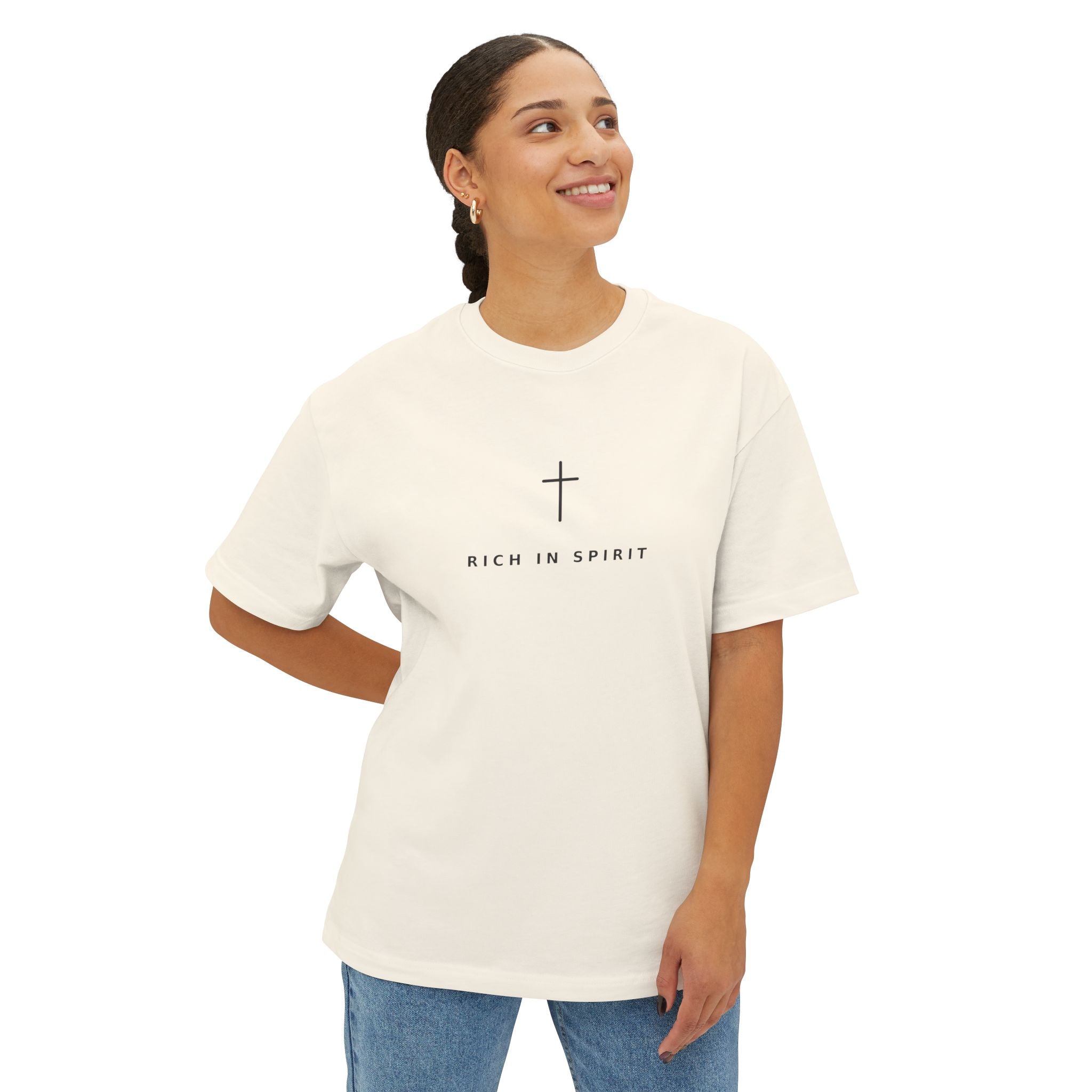 Christian Graphic Tee — “Rich In Spirit / Having Christ in Your Heart” Oversized Boxy T‑Shirt