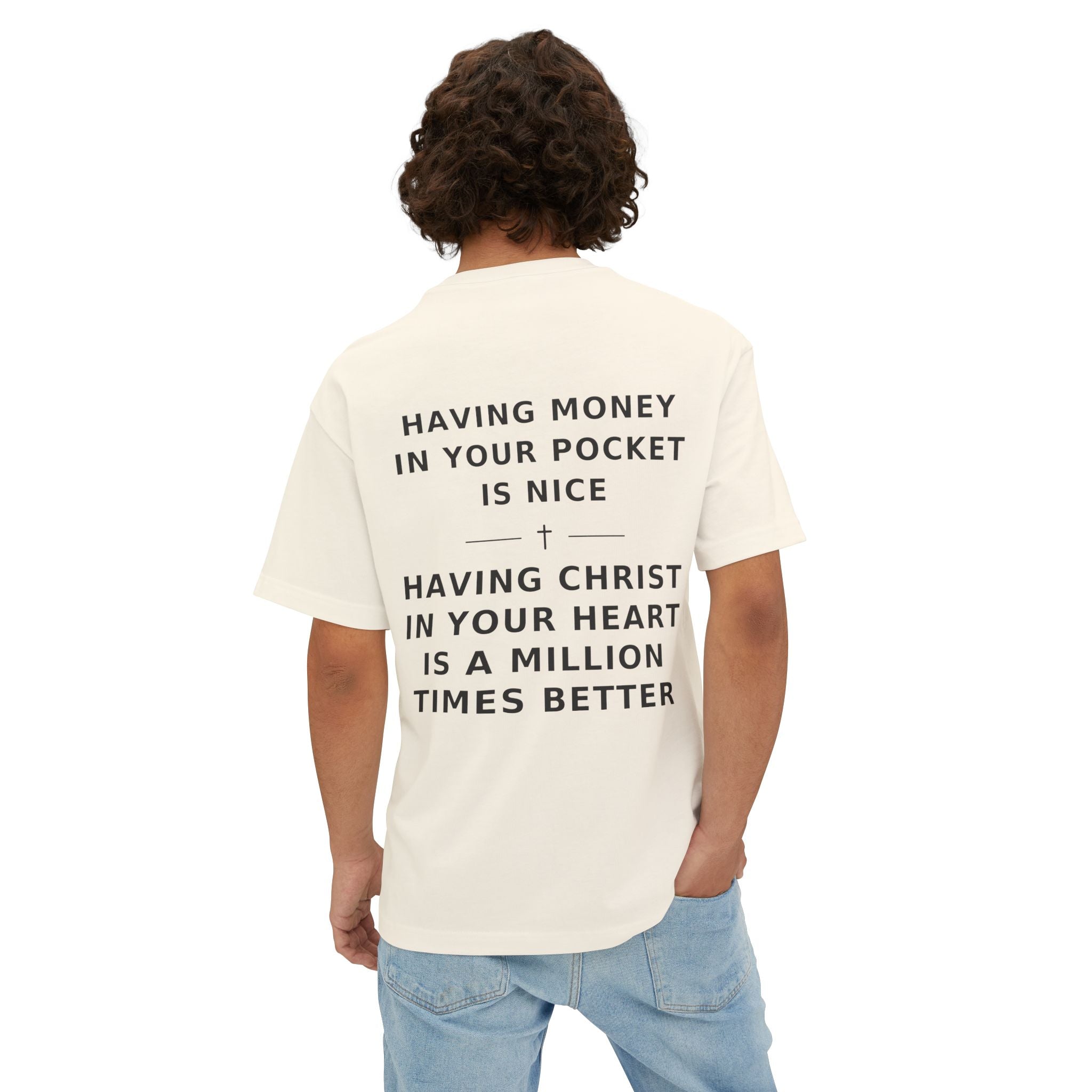 Christian Graphic Tee — “Rich In Spirit / Having Christ in Your Heart” Oversized Boxy T‑Shirt