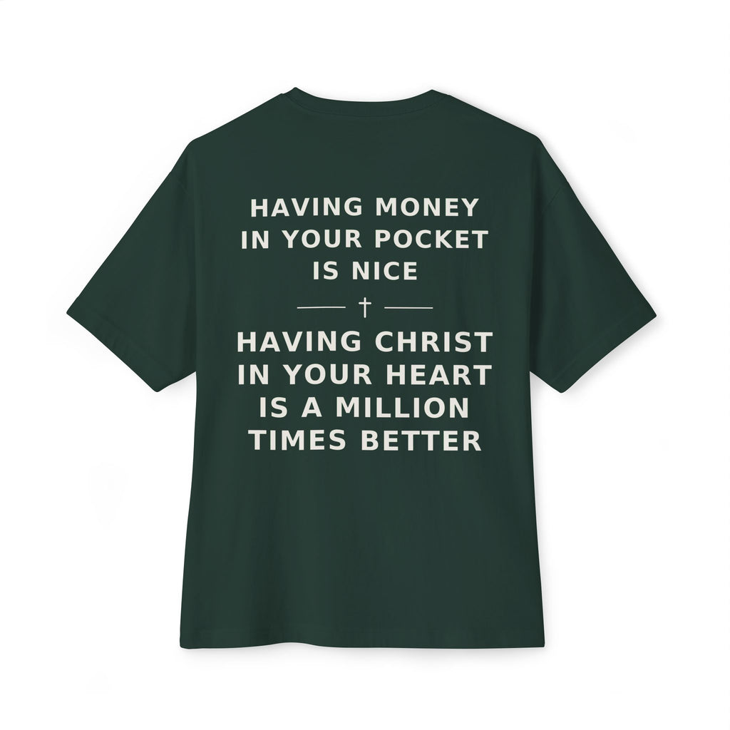Christian Graphic Tee — “Rich In Spirit / Having Christ in Your Heart” Oversized Boxy T‑Shirt