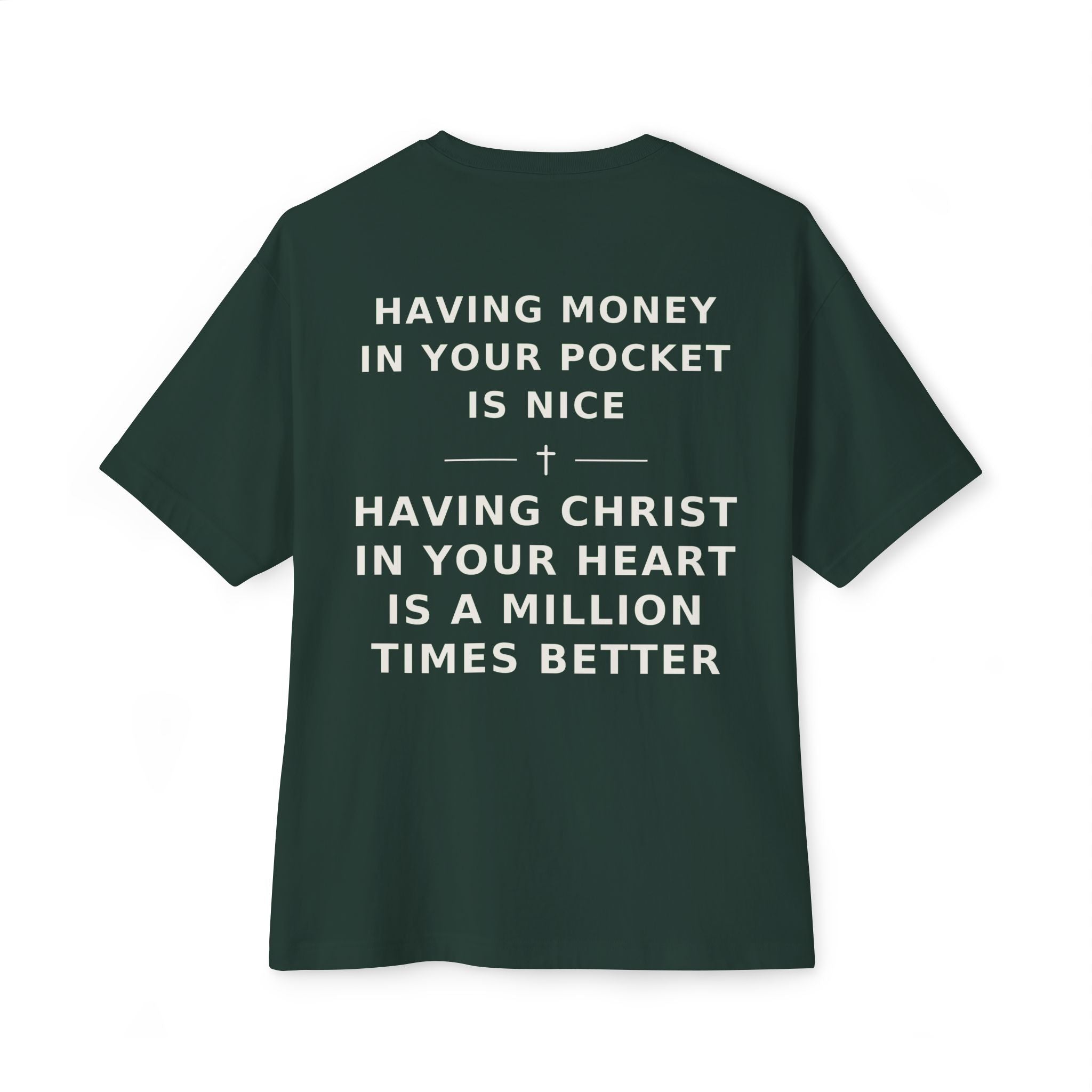 Christian Graphic Tee — “Rich In Spirit / Having Christ in Your Heart” Oversized Boxy T‑Shirt