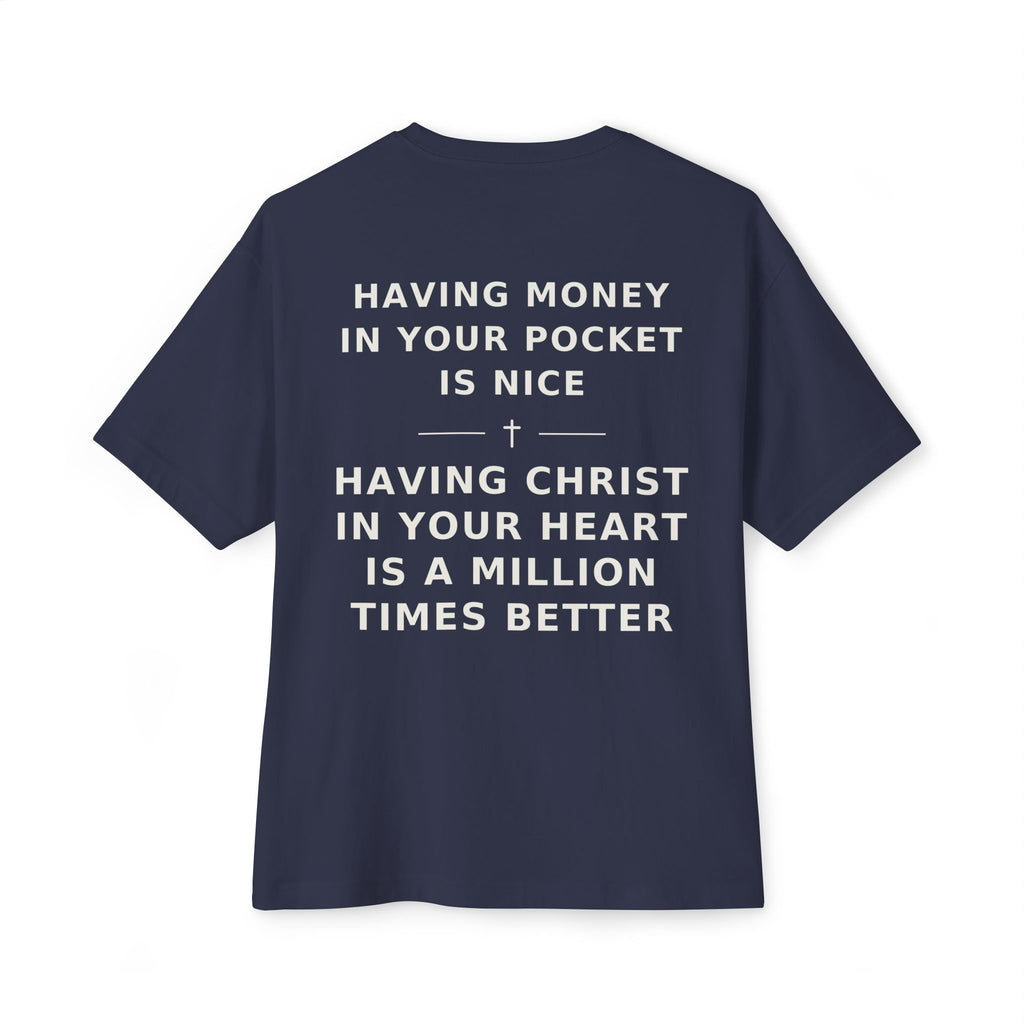 Christian Graphic Tee — “Rich In Spirit / Having Christ in Your Heart” Oversized Boxy T‑Shirt