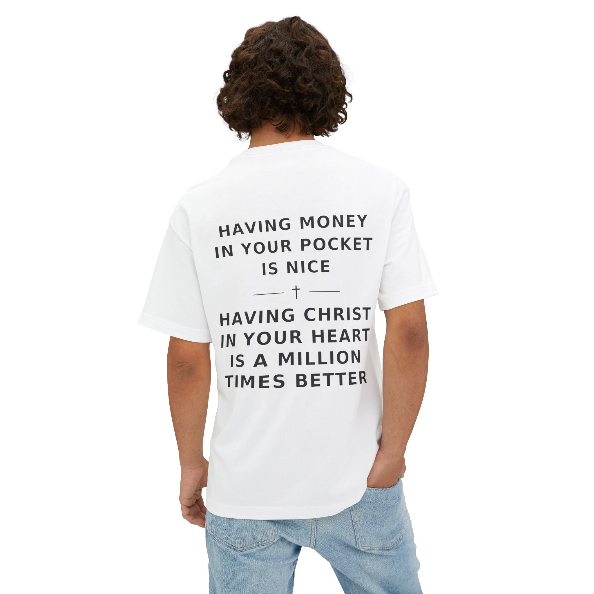 Christian Graphic Tee — “Rich In Spirit / Having Christ in Your Heart” Oversized Boxy T‑Shirt
