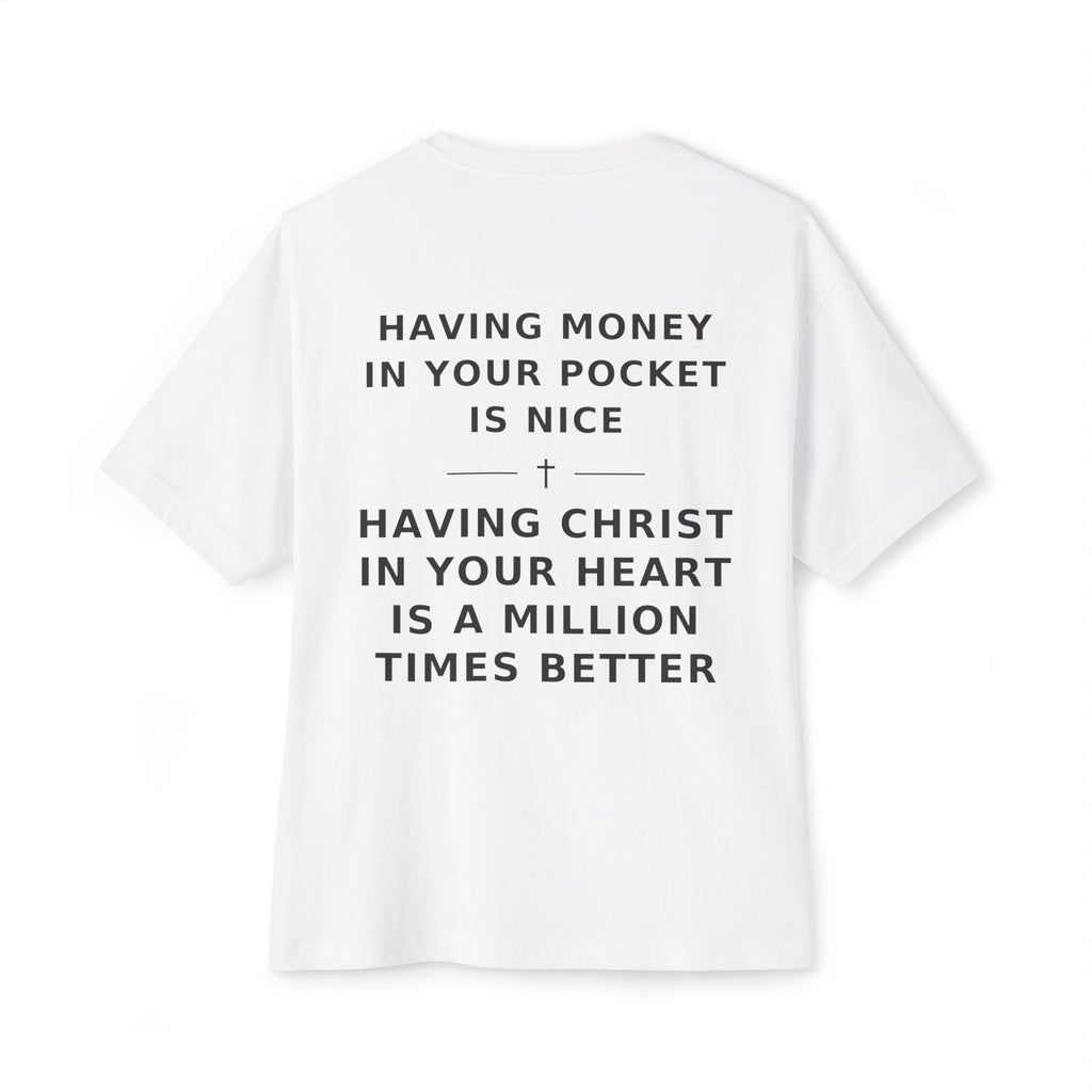 Christian Graphic Tee — “Rich In Spirit / Having Christ in Your Heart” Oversized Boxy T‑Shirt